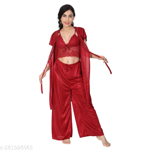 Soft satin women's palazzo night suit set (black), three-piece pack for all day work and sleep