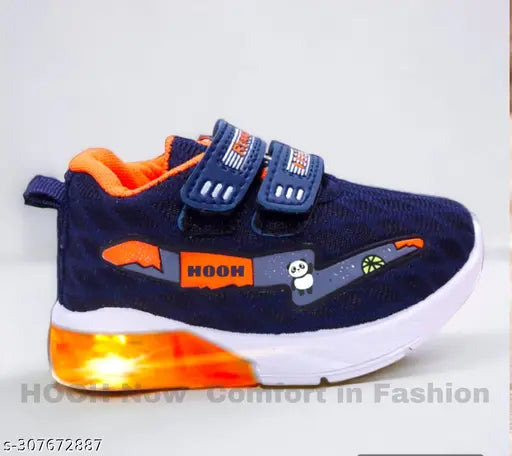 Blue and orange canvas shoes with LED light for kids up to 5 years old, featuring breathable material, adjustable Velcro closure, memory foam insole, and suitable for daytime play or night outings. Comfortable and stylish footwear for both boys and girls