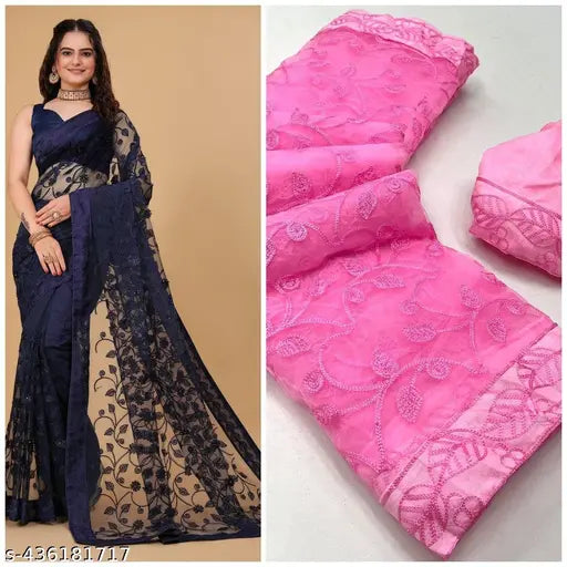 Indian free-size net saree with all-over embroidery and embellished border, soft silk blouse