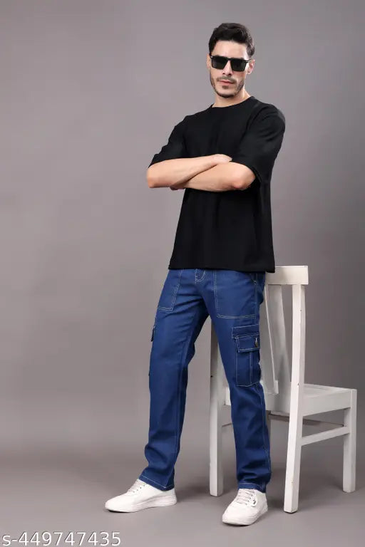 Stylish 6 pocket blue denim cargo pants