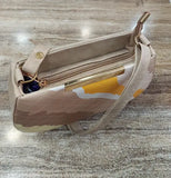 Tan faux snake skin slingbag with tan handle, metallic zipper, and coin purse inside