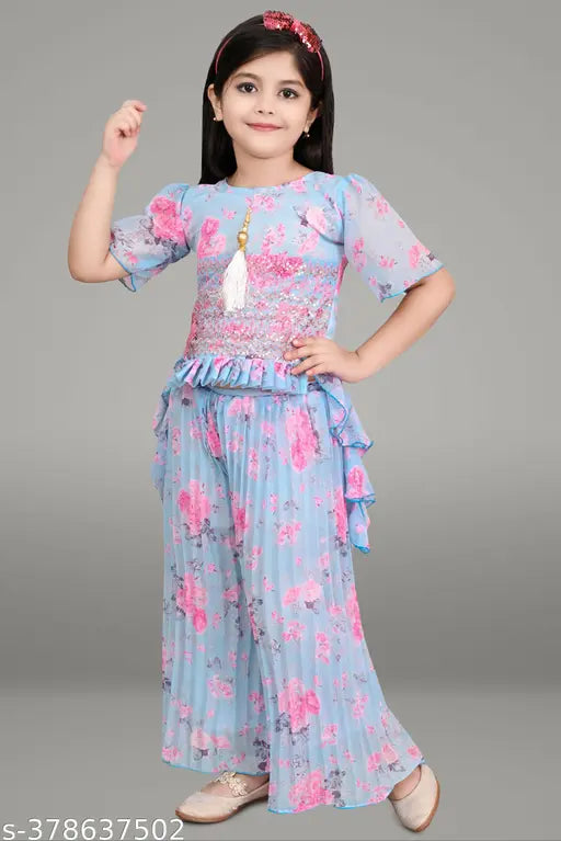 Aqua Blue Chiffon Palazzo Set with Embroidered A-line Top & Short Sleeves, Indian fashion for kids aged 0-11 years