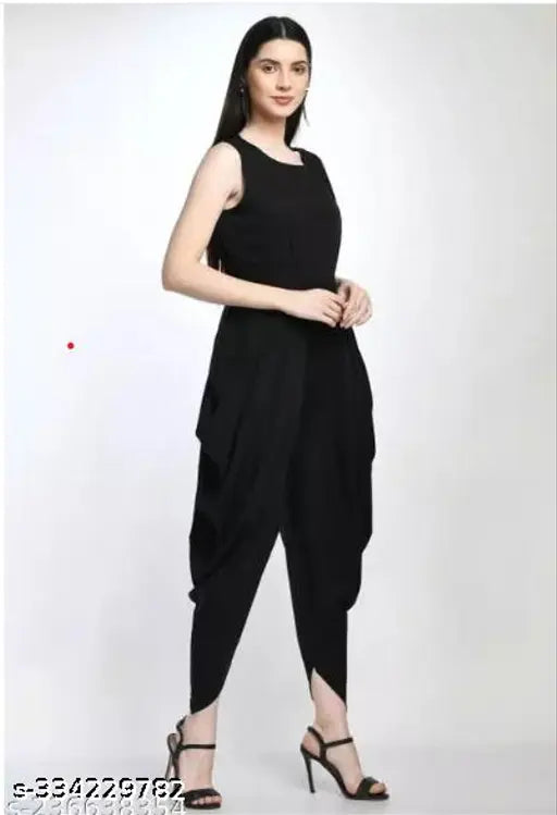 Black crepe dhoti jumpsuit, latest Indian women's solid print fashion