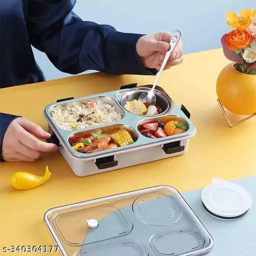 Multi-compartment stainless steel lunch box with lid, reusable for microwaves and freezers, for adults and children