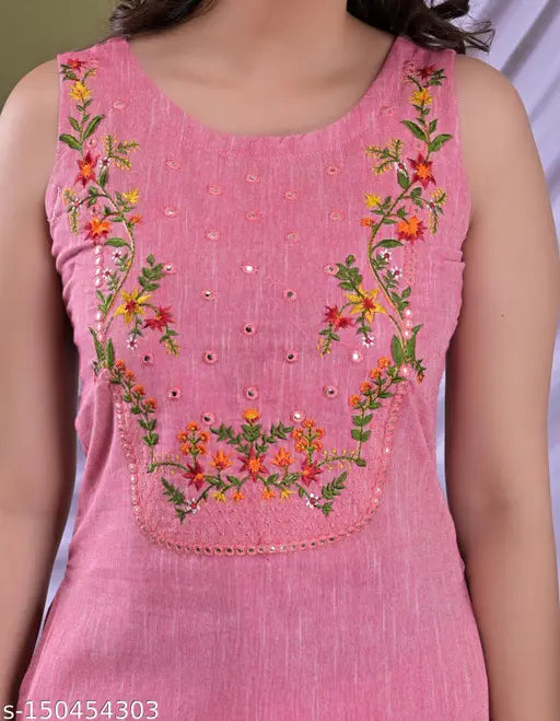 Pink cotton blend embroidered straight kurta with pants