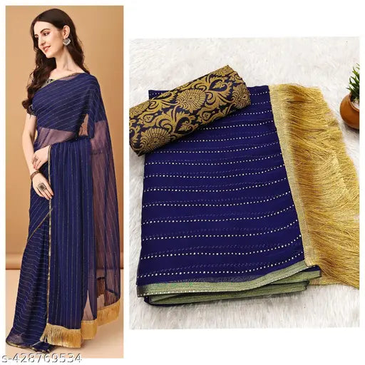 Gold Foil Embellished Chiffon Jhalar Saree with Self-Design Matching Brocade Blouse, trending party wear saree under 299