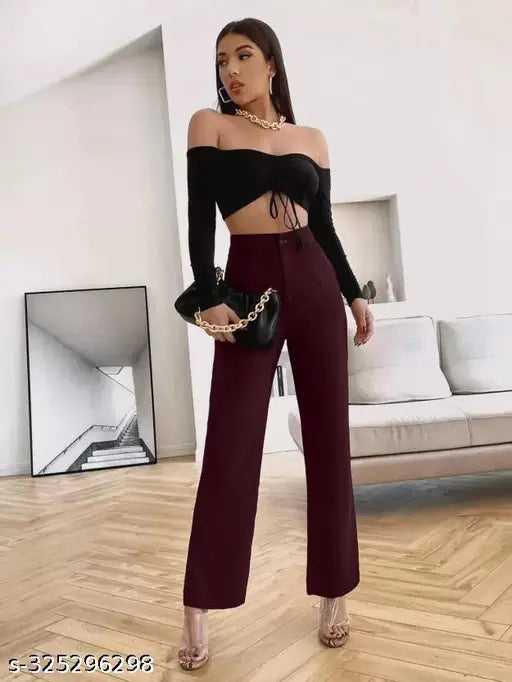 Trendy black wine cotton blend women's palazzo trousers combo pack of 2, suitable for office wear with zipper fly closure