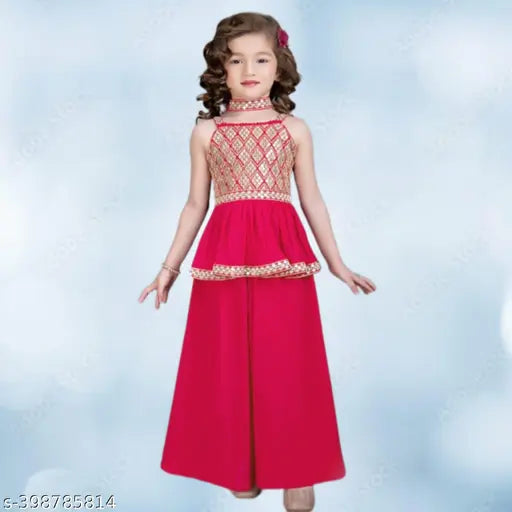Bansi Pink embroidered crepe kurta set with dupatta and bottomwear, Indian festive wear for kids aged 2-11 years