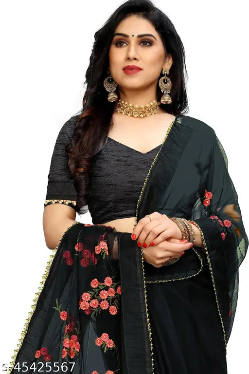 Pastel-hued floral Moti Lace net saree with unstitched blouse, Indian party wear