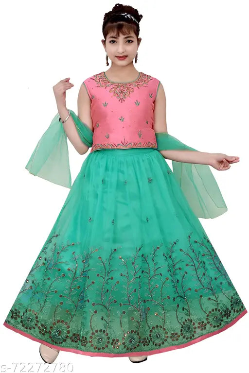 Embroidered satin-net lehenga choli & dupatta set for girls, ethnic party & wedding wear from India