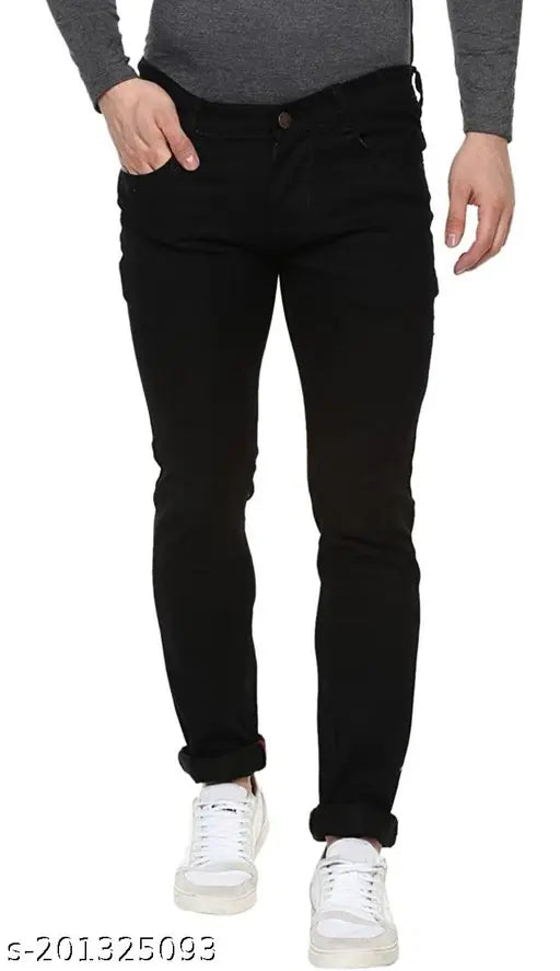 Black stretchable polycotton Stitch Factory jeans with a casual fit, suitable for any occasion. Breathable fabric, anti-corrosive buttons, and designed to contour your physique. Size options include 28, 30, and 32 inches (waist 28, 30, 32; length 39 in). Made in India