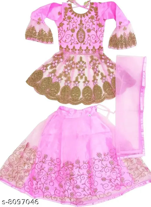 Attractive net Lehenga Choli with long sleeves, embroidered for party wear, Indian-made (age 3-4, waist 12in, length 30in, dupatta 1.5in)