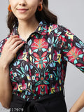 Black denim collar shirt jumpsuit with printed net pattern, women's size M, N, L, XL, XXL (India origin)