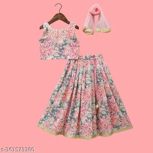 Polyester printed floral sleeveless kid's lehenga choli, popular Indian traditional wear for young girls