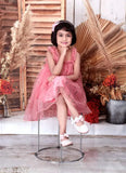 Stylish pink and green satin striped dress for 1-9 year old baby girls, Indian embroidery design