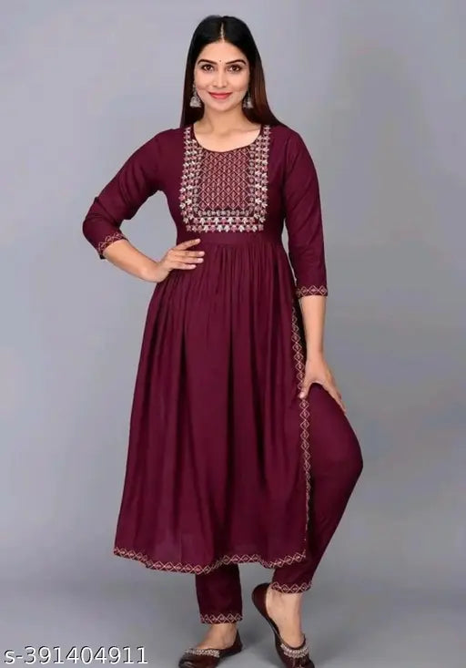 Rayon maroon kurta pant embroidery set with sequins & fori work, traditional Indian clothing on mannequin