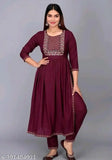 Rayon maroon kurta pant embroidery set with sequins & fori work, traditional Indian clothing on mannequin