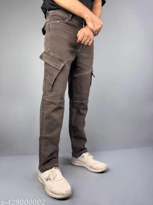 Solid denim, inner-pocket cola cargo jeans for men with six pockets and slight stretch fabric for versatile fit