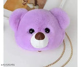 Purple faux fur teddy bear head handbag with shoulder strap