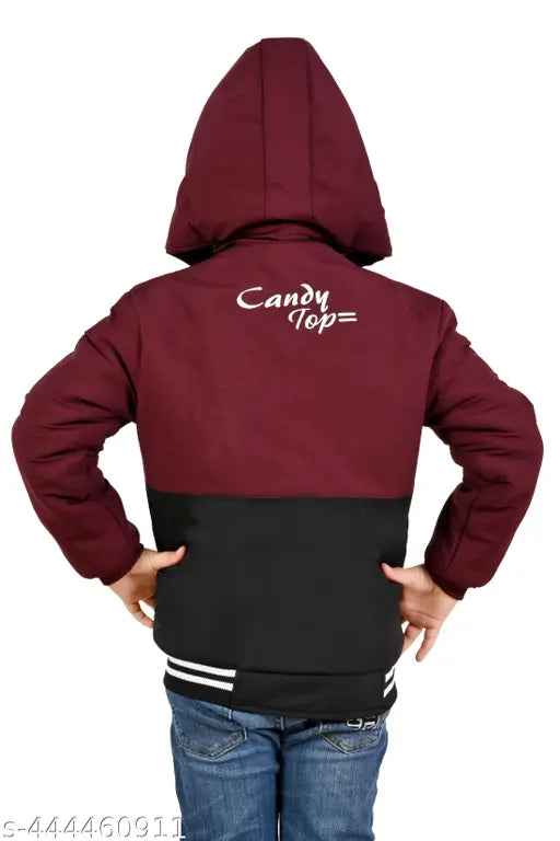 Boys long sleeve hooded winter jacket, maroon with printed casual design