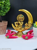 Gold-plated Krishna idol on moon playing flute, 6x5.5 inches decorative showpiece for office, temple, Diwali, Janmashtami puja and home