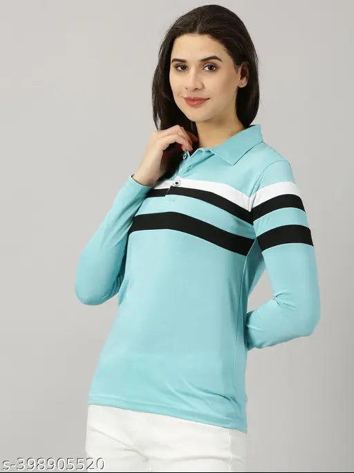 Aqua Blue cotton blend full sleeve polo t-shirt for women, perfect for casual wear and versatile styling