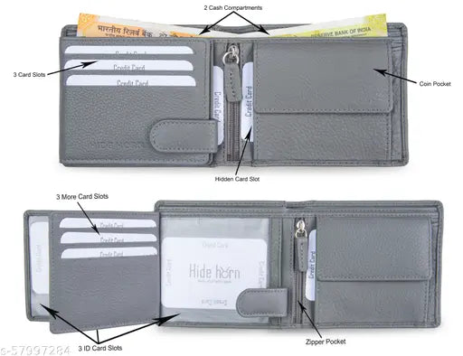 Grey leather men's bi-fold wallet, RFID protected, hide horn branded, solid pattern, 6 card slots, 2 cash compartments