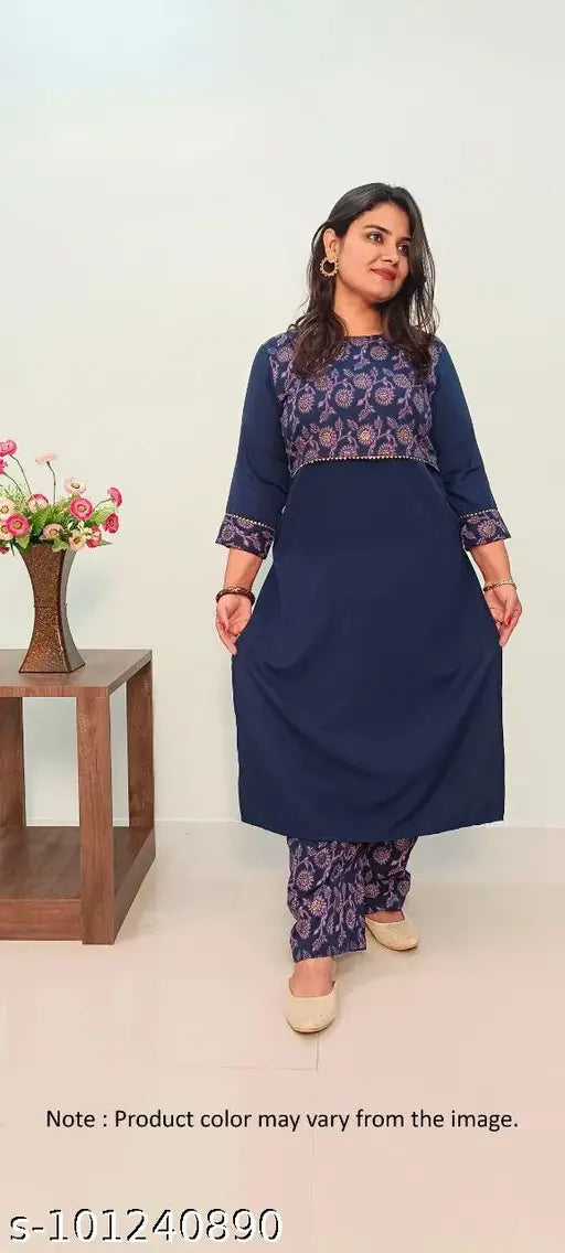 Dark crepe HAVYAA separate yoke printed kurta and palazzos set, 3/4th sleeves ethnic motif festive wear
