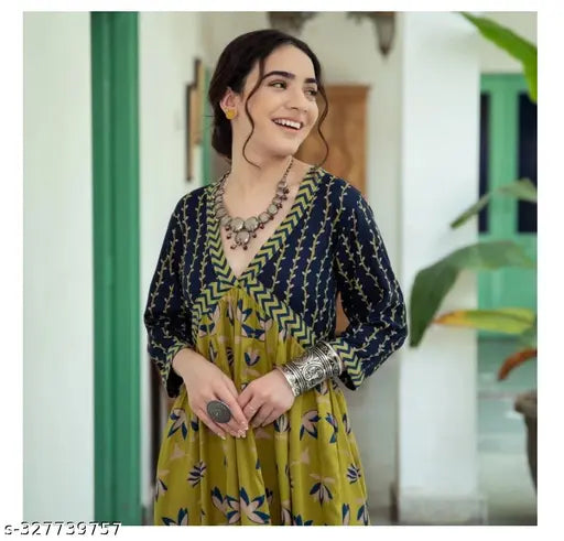 Rayon printed Anarkali kurti, trendy and stylish for women's festive fancy wear party gown, three-quarter sleeves. Size XS (34in bust, 45in length). Made in India