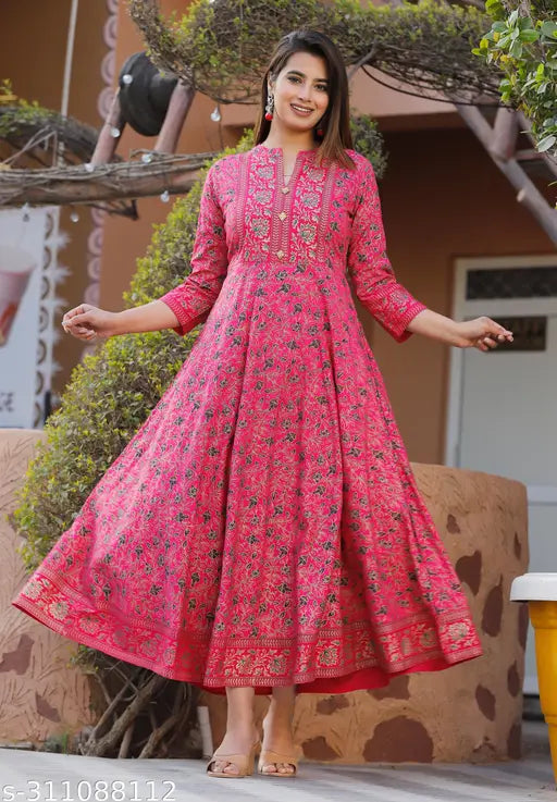 Rayon printed party wear kurti for women, three-quarter sleeves, casually elegant Indian fashion