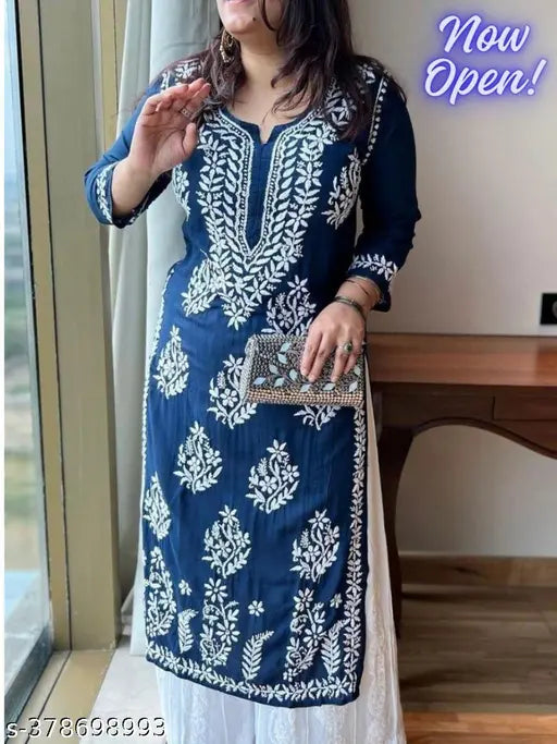 Embroidered net rayon knee-length kurta set with palazzos, 3/4 sleeves, vibrant chikankari work, India origin