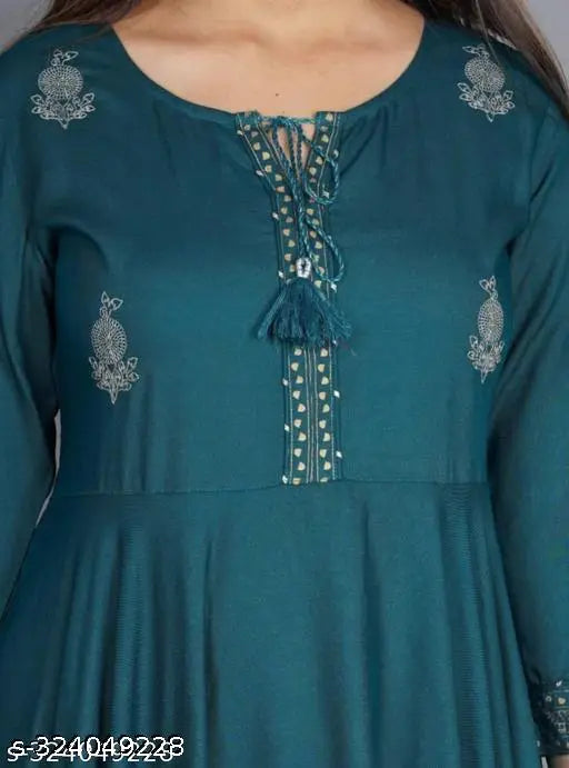 Rudraksh embroidered rayon Anarkali Kurta gown, flared design for women, three-quarter sleeves, printed pattern, size S to XXXL