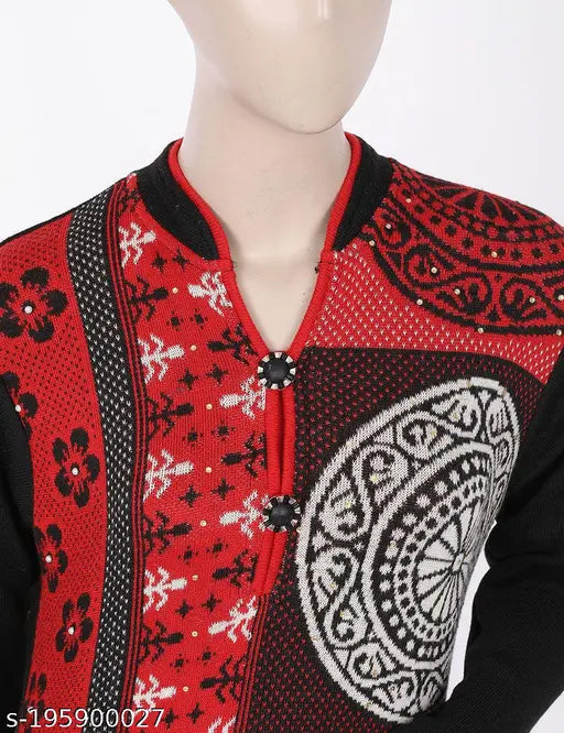Woolen women's Kurta Palazzo Set with Swarovski work, printed abstract pattern, warm winter wear" (125 characters)