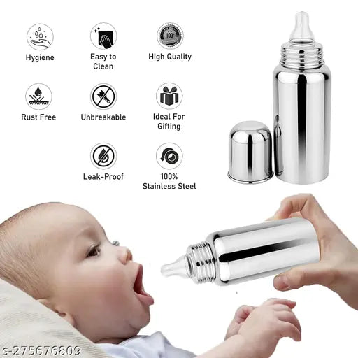 Stainless Steel 302 Grade baby feeding bottle, lightweight, leakage-proof, easy clean design - 250ml (pack of 2) for newborns and toddlers