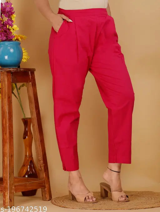 Red linen women's trousers, cropped flare style, front pocket