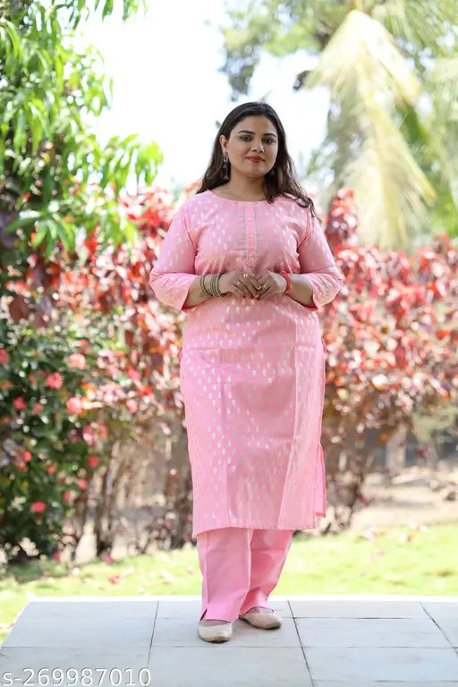 Mohini pink cotton flex kurta and palazzo set, embroidered net, three-quarter sleeves, round neck, pleat detail, side slits - India