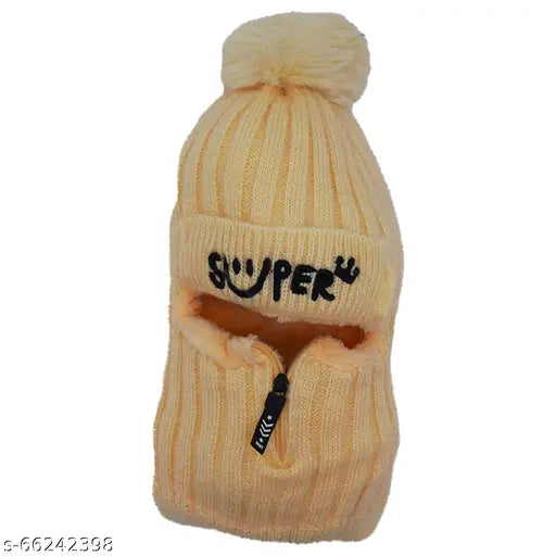 Beige wool cap with smiley zipper, pom pom, suitable for women above 15 years