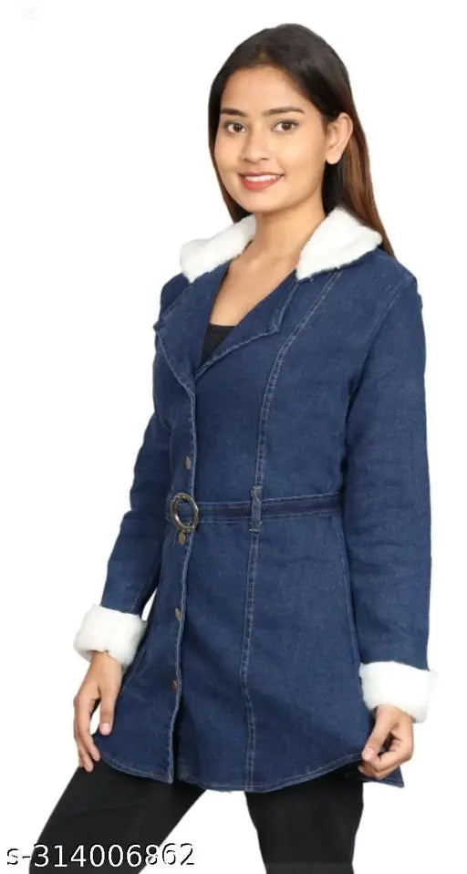Blue denim coat with fur trim and zip closure