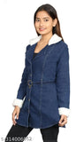 Blue denim coat with fur trim and zip closure