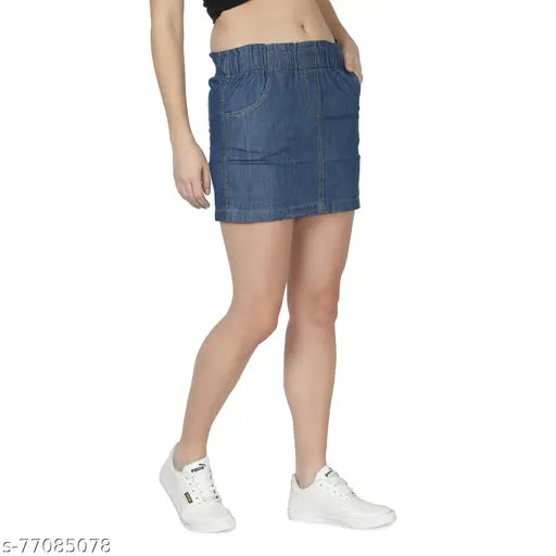Medium blue denim mini skirt - solid, paneled detailing, slit at back, elasticated waist, perfect for casual outfits. (Size: 28/30, Made in India)