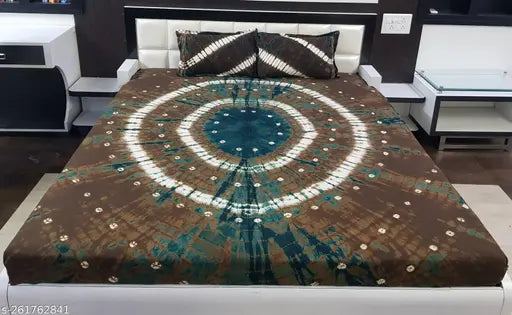 Brown-green Cotton Color Nirvana Rajasthani Tie Dye Flat Sheets with two pillow covers, perfect for summer, adult use