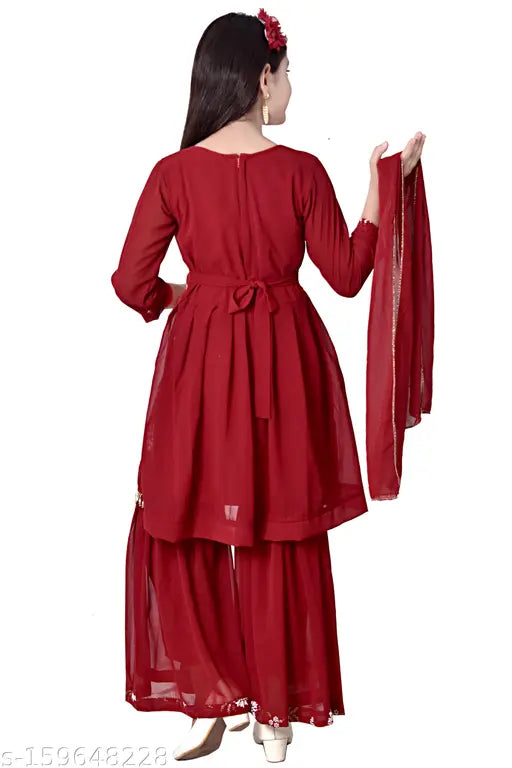 Maroon ethnic floral printed Anarkali Sharara Dupatta set for kids, popular Indian girls wear