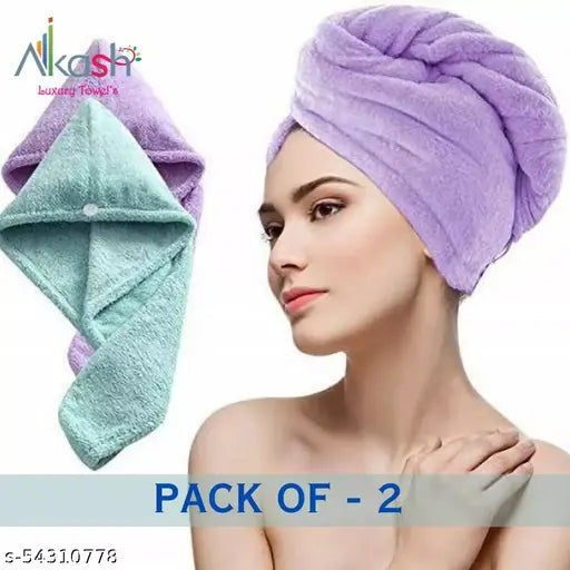 Microfiber Plain Hair Towel Combo Pack, Green and Purple, 2 pieces