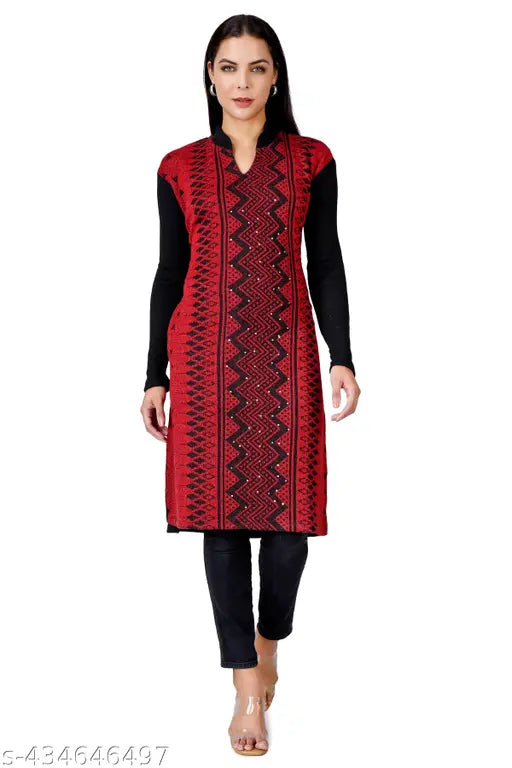 Red and black women's BADOS brand woolen kurti 3/4 length, V neck" # product-first, factual, concise, & keyword-friendly