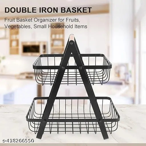 Double layer kitchen fruit holder rack, black, wooden handle