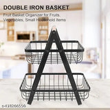 Double layer kitchen fruit holder rack, black, wooden handle