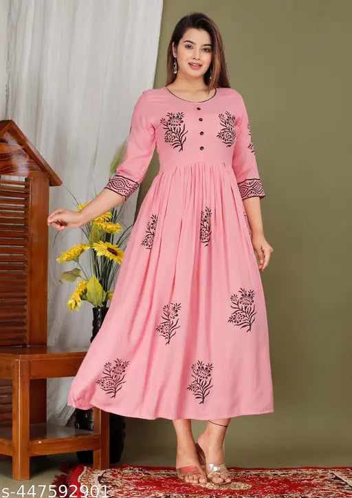 Rayon anarkali printed kurti, festive special women's hand block kurti. Vibrant ethnic wear with three-quarter sleeves, perfect for Diwali or gift giving." (124 characters)