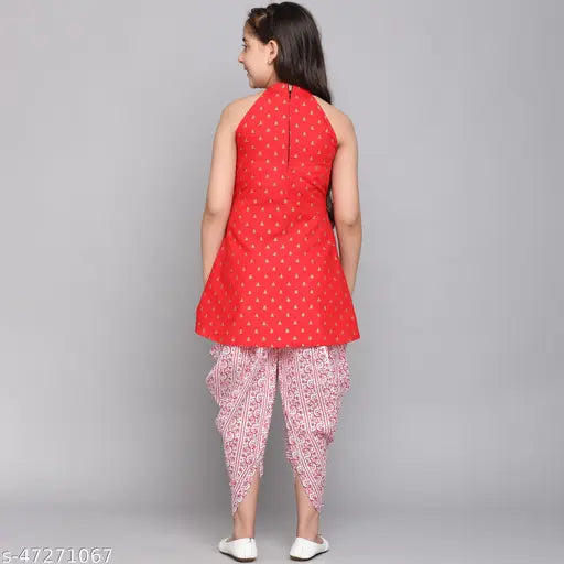 Red poly cotton party wear Kurta with dhoti set for girls, vibrant printed anarkali style with sleeveless design and half sleeve options, perfect for special occasions like parties, weddings, and festivals such as Diwali and Navratri. Made with full attention to detail and comfortable to wear, available in sizes 12-13 years and 13-14 years. Indian origin