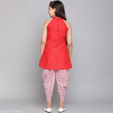 Red poly cotton party wear Kurta with dhoti set for girls, vibrant printed anarkali style with sleeveless design and half sleeve options, perfect for special occasions like parties, weddings, and festivals such as Diwali and Navratri. Made with full attention to detail and comfortable to wear, available in sizes 12-13 years and 13-14 years. Indian origin