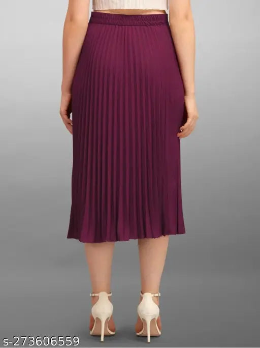 Purple midi skirt with pleats, elastic waistband, knee-length